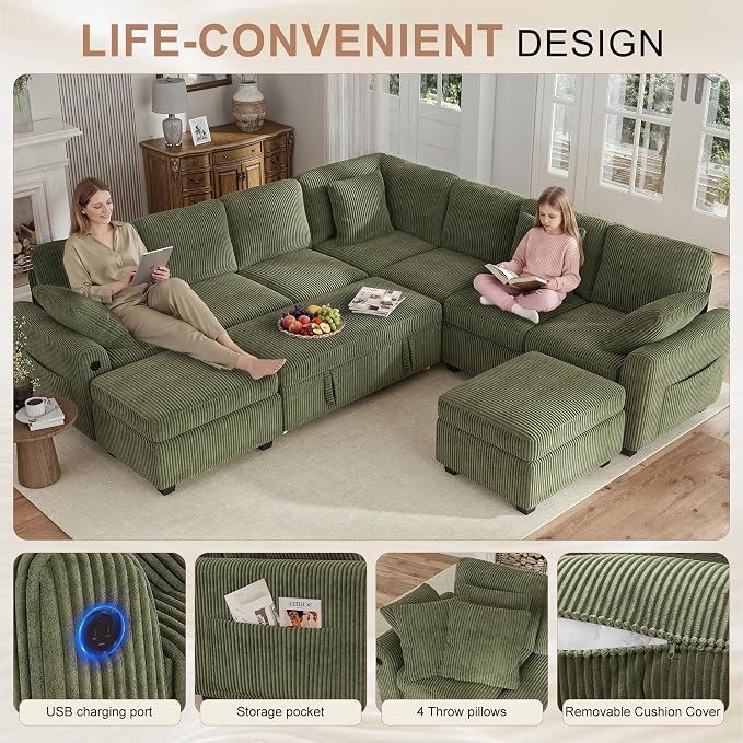 Hanherry 106" Sectional Sofa with Pull Out Couch Bed,7 Seat Corduroy Sleeper Sofa with 2 Seat Storage & USB Charging,Storage Ottoman,Comfy Modular Couches for Living Room,Apartment