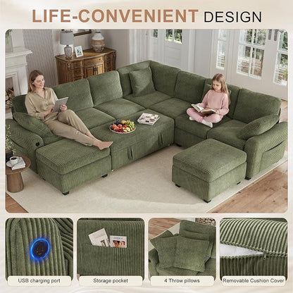Hanherry 106" Sectional Sofa with Pull Out Couch Bed,7 Seat Corduroy Sleeper Sofa with 2 Seat Storage & USB Charging,Storage Ottoman,Comfy Modular Couches for Living Room,Apartment