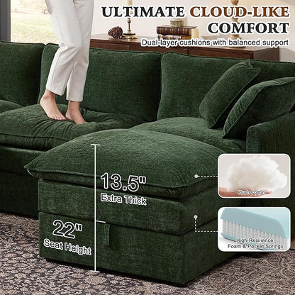 Ihanherry 135” Oversized Sectional Sofa Bed with Storage, 8-Seater Modular Cloud Couch with Movable Ottomans, Chenille Deep Seat Sleeper Couches for Living Room (Green)