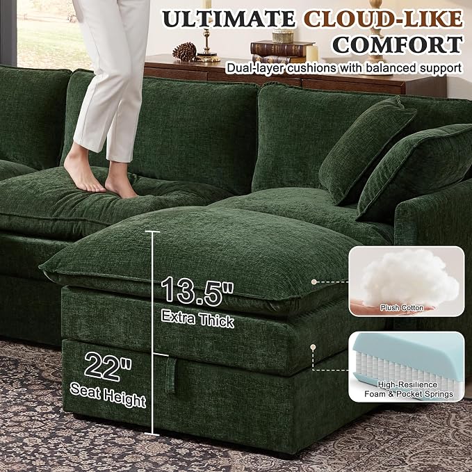 Ihanherry 103” Modular Sectional Sofa with Storage, U Shaped Cloud Couch with Movable Ottomans & 4 Pillows, Chenille Deep Seat Sectional Couches for Living Room, Apartment (Green)