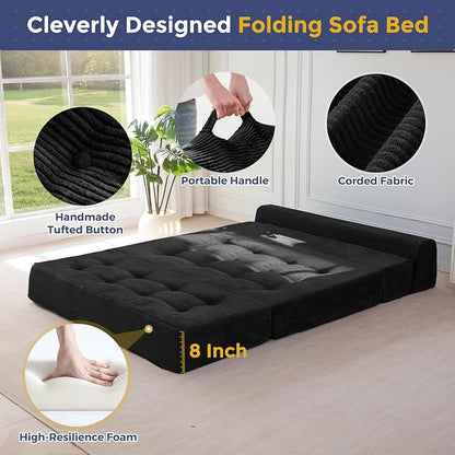 MAXYOYO 8" Folding Sofa Bed, Fold Out Chair Bed, Convertible Floor Sofa Couch, High-Density Foam Tufted Lounge Couch for Living Room Bedroom Dorm, Loveseat, Black