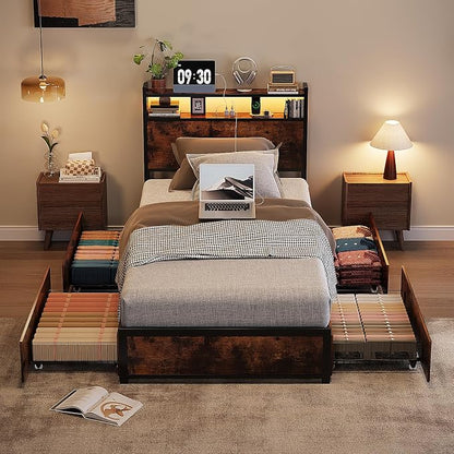 VINGLI Bed Frame Twin Size with 4 Storage Drawers and Storage Headboard, Metal Platform with Charging Station and LED Lights, No Box Spring Needed, Easy Assembly, Vintage Brown
