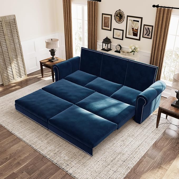 93.7" King Pull Out Sofa Bed, Velvet Sleeper Sofa Couch, 3 in 1 Convertible Futon Couches for Living Room, Small Space, Apartment, Office, Bedroom, Modern Rivet Armrest, Blue