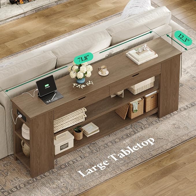 71.8 Inch Extra Long Console Table with Drawers, Farmhouse Long Console Table with Shelves & Built-in Outlets, Entryway Table with Storage for Living Room, Entryway, Hallway, Brown
