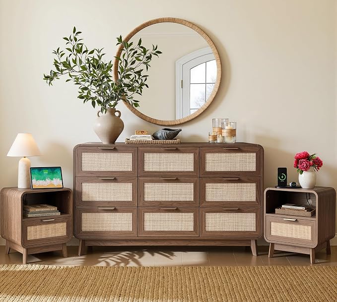 FORTUNETEC 55" Rattan 9 Drawer Dresser, Modern Farmhouse & Boho Wooden Chest of Drawers with Walnut Wood Grain, Multifunctional Storage Bedroom Set for Bedroom, Living Room, TV Stand