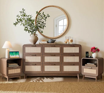 FORTUNETEC 55" Rattan 9 Drawer Dresser, Modern Farmhouse & Boho Wooden Chest of Drawers with Walnut Wood Grain, Multifunctional Storage Bedroom Set for Bedroom, Living Room, TV Stand