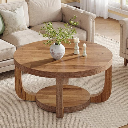 Tribesigns Round Coffee Table, 2-Tier Circle Coffee Table with Storage, Modern Wooden Accent Center Table for Living Room, Thick Tabletop & Base (Rustic Brown)