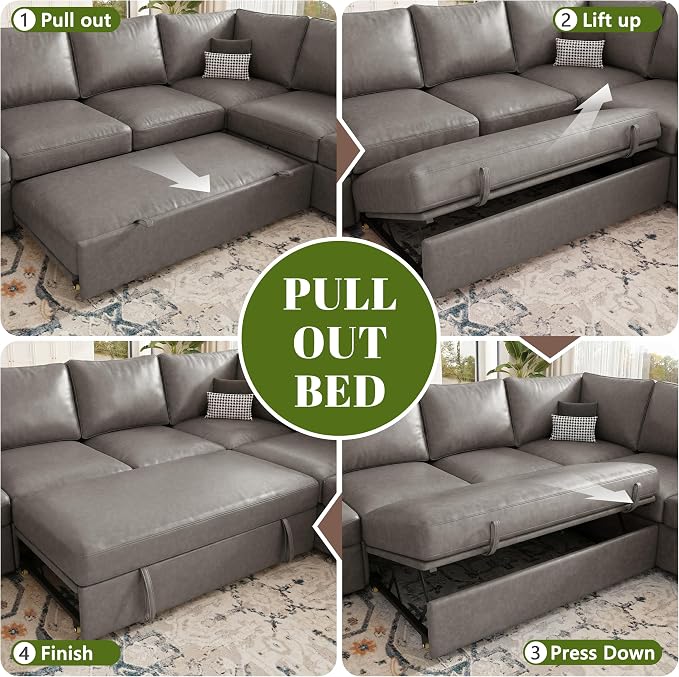 108 Inch Faux Leather Modular Sectional Sofa with Pull Out Bed,U Shaped 7 Seat Sectional Sleeper Sofa with Storage,Sectional Couches for Living Room,Cloud Modular Couch,Gray Leather