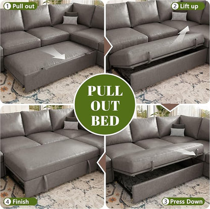 108 Inch Faux Leather Modular Sectional Sofa with Pull Out Bed,U Shaped 7 Seat Sectional Sleeper Sofa with Storage,Sectional Couches for Living Room,Cloud Modular Couch,Gray Leather
