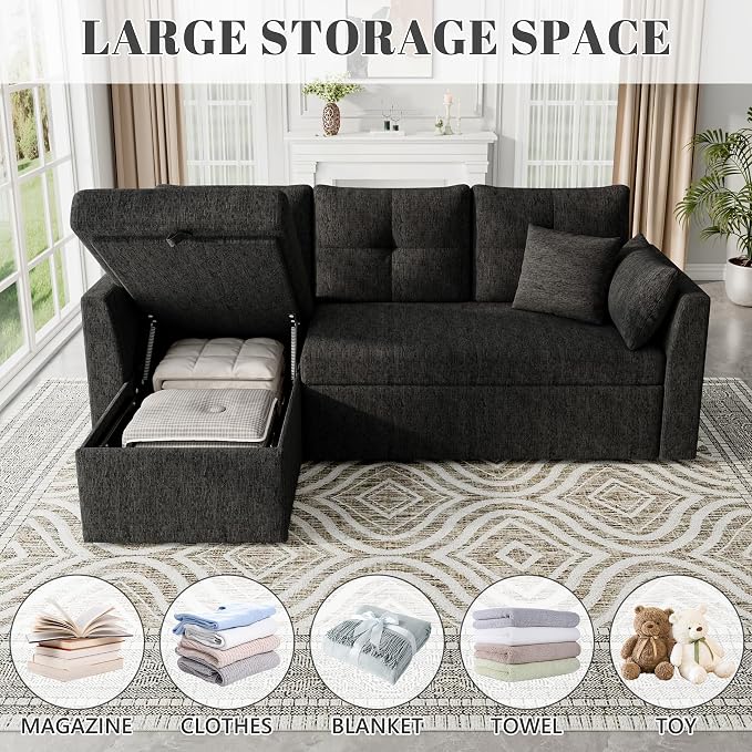 Huatean Home Sleeper Couch Sofa, Sectional Sleeper Sofa Bed with Side Pocket for Living Room, 2 in 1 Pullout Couch Bed with Storage Chaise, Black