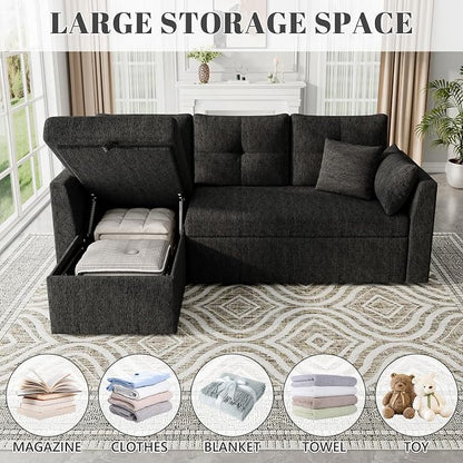 Huatean Home Sleeper Couch Sofa, Sectional Sleeper Sofa Bed with Side Pocket for Living Room, 2 in 1 Pullout Couch Bed with Storage Chaise, Black