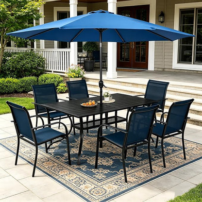SUNCROWN 8 - Piece Outdoor Dining Set, Patio Furniture Set with 6 Textilene Dinning Chairs, 1 Rectangle Metal Table and 1 Dark Blue 9Ft Patio Umbrella for Lawn Garden Backyard Deck, Blue
