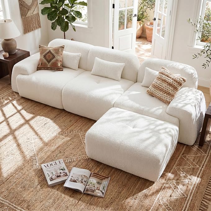 118'' Modular Sectional Cloud Couch Boneless Couches, Oversize Curved Sectional Couches for Living Room, Deep Seat Couch Lambswool Sofa with Ottoman & Throw Pillows, No Assembly, HR Foam