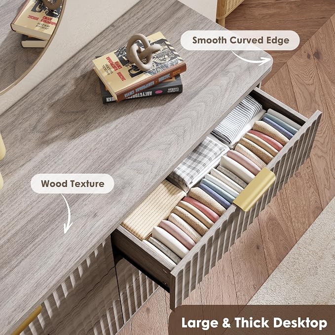 GarveeHome Fluted Dresser for Bedroom with 6 Deep Drawers, 47.2 in Wide Modern Chest of Drawers, Wooden Dresser TV Stand, Curved Profile Design, for Living Room, Kids Room, Hallway, Grey