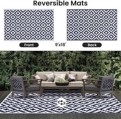 Smiry Waterproof Outdoor Rug 9X18 ft, Reversible Plastic Straw Patio Camping Rugs, Outdoor Indoor RV Mat Carpet for Patio, Outside Entry, Backyard, Deck, Bench, Picnic, Camper, White & Navy