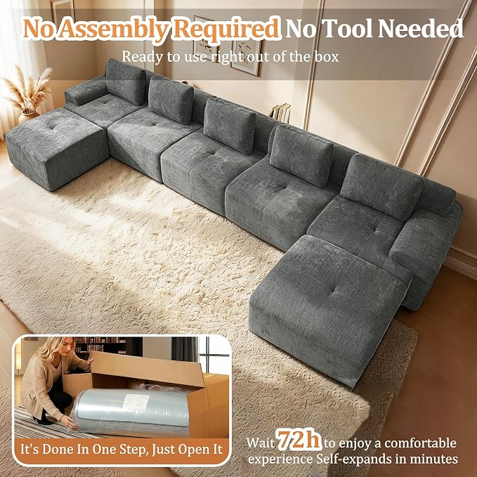 196" U Shaped Oversized Boneless Couch, Comfort Cloud Sectional Couches for Living Room, Modular Sofa High Back & Extra Deep Seat, No Assembly, Soft Chenille (Dark Grey, 196 inch-U shaped（5+2）)