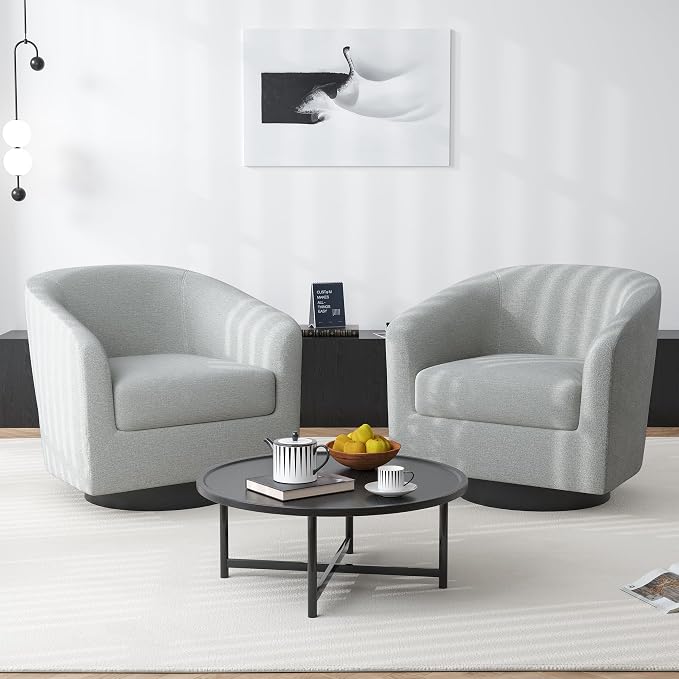 Swivel Barrel Accent Chair, Modern Round Chenille Fabric Arm Chair for Living Room, Bedroom, Comfy Club Reading Chairs for Adults（Chenille Fabric, Light Grey, Set of 4