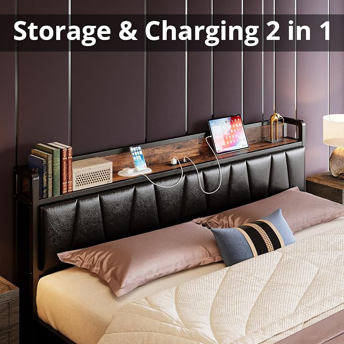 LIKIMIO King Size Bed Frame with 2 Drawers and Charging Station | Platform Bed with Upholstered Storage Headboard, No Box Spring Needed, Easy Assembly, Sturdy, Vintage Brown and Black