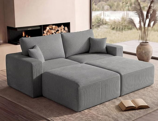 Modular Sectional Sofa Bed with Ottoman, 79" Memory Foam Cloud Couch, Boneless Loveseat Corduroy Upholstered Floor Couch, No Assembly Required Living Room Furniture for Apartment Bedroom, Grey