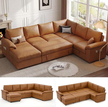 108 Inch Faux Leather Modular Sectional Sofa with Pull Out Bed,U Shaped 7 Seat Sectional Sleeper Sofa with Storage,Sectional Couches for Living Room,Cloud Modular Couch,Brown Leather