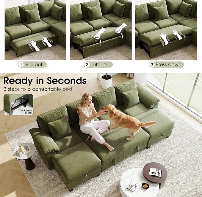 107.8" Modular Sectional Sleeper Sofa Bed, U Shaped 6 Seat Pull Out Couch with Storage Ottoman, Convertible Cloud Couch Bed, Sectional Couches for Living Room, Apartment (Green)
