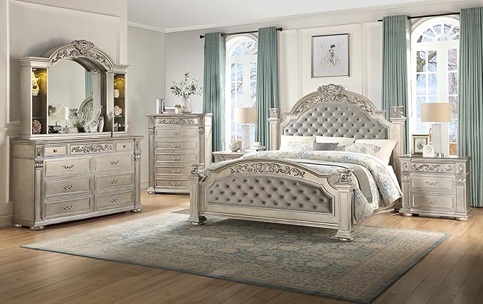 First of a Kind Platinum Traditional 5 Piece King Bedroom Set with Upholstered Tufted Headboard Elegant European Inspired Design Coordinated Furniture Collection, Silver
