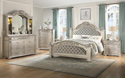 First of a Kind Platinum Traditional 5 Piece King Bedroom Set with Upholstered Tufted Headboard Elegant European Inspired Design Coordinated Furniture Collection, Silver