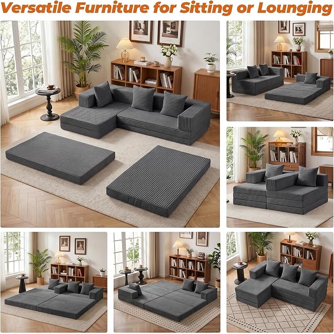 6-in-1 Tri-Folding Mattress | Cloud Boneless L-Shaped Modular Sectional Couches | Corduroy Pet-Friendly Convertible Futon Sofa Bed with 800LB Capacity Apartment, Guest Room, Game Room