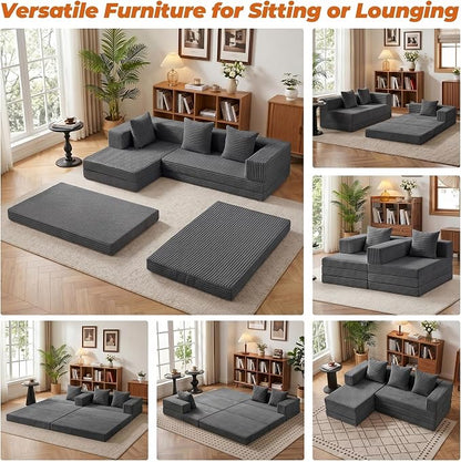 6-in-1 Tri-Folding Mattress | Cloud Boneless L-Shaped Modular Sectional Couches | Corduroy Pet-Friendly Convertible Futon Sofa Bed with 800LB Capacity Apartment, Guest Room, Game Room