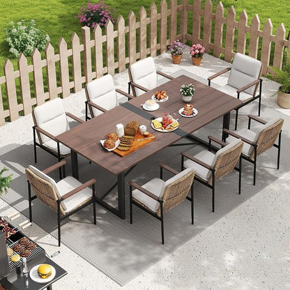 HAPPATIO 9 Piece Patio Dining Set Outdoor, 8 Wicker Chairs with Aluminum Frame and Olefin Cushions, Large Wooden Dining Table with Umbrella Hole,Patio Table and Chairs for Backyard Garden Porch