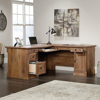 Sauder Palladia L Shaped Desk with Drawers, Office Desk with File Cabinet Storage, Cable Management, Keyboard Tray, in Vintage Oak Finish