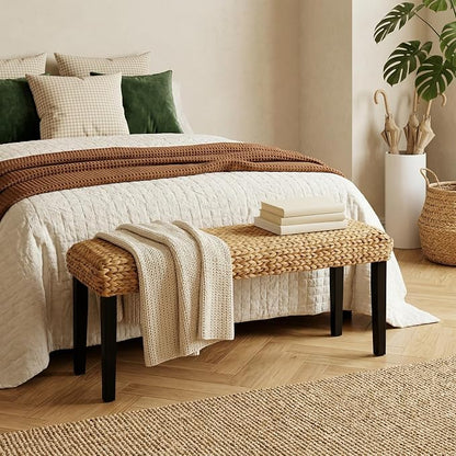 Entryway Bench with Solid Wood Acacia, 47" End of Bed Bench for Bedroom, Water Hyacinth Indoor Bench Seat, Boho Woven Bench for Living Room, Wicker Bench for Hallway or Kitchen, Wood Bench (Black Leg)