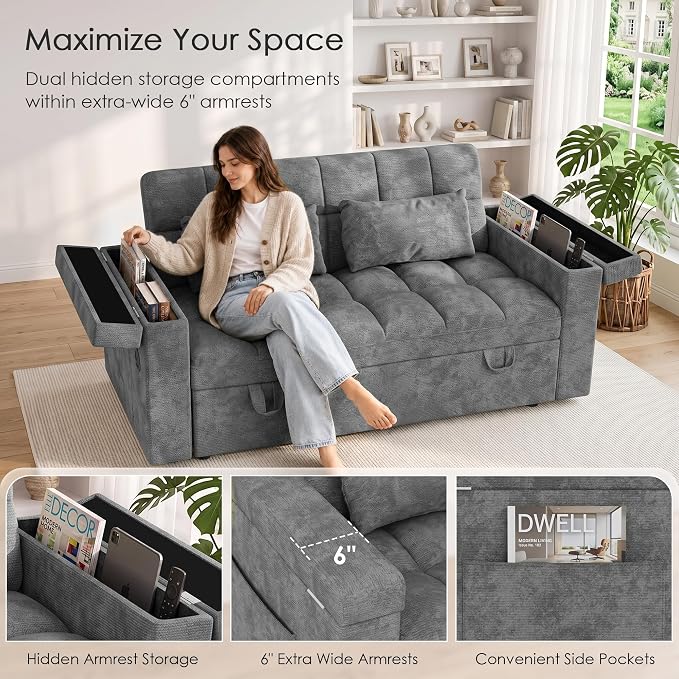 65'' Sleeper Sofa Bed, Pull Out Couch with Side Table | USB Charging Port | Adjustable Backrest | Chenille Fabric, Convertible Loveseat for Living Room, Apartment, Small Spaces (DeepGray)