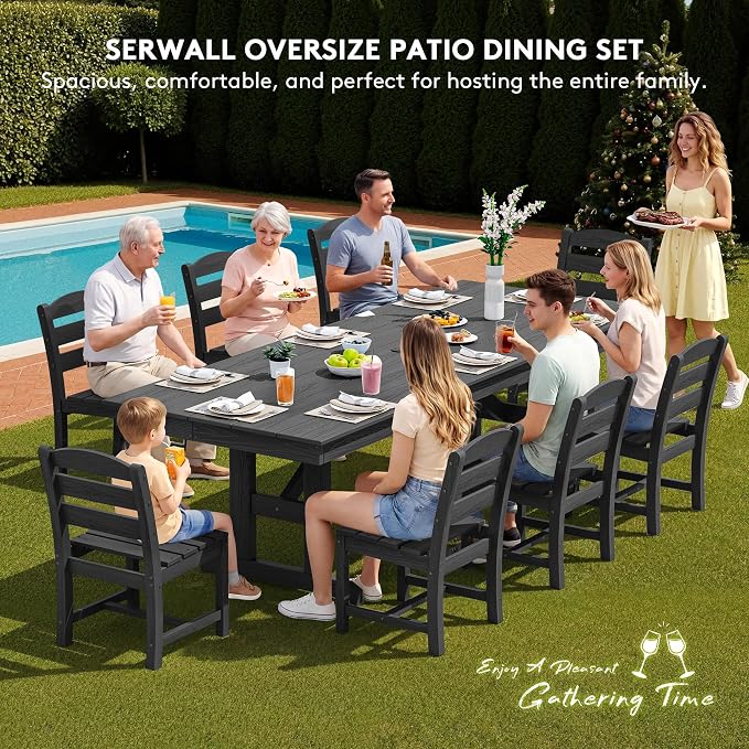 SERWALL 9 Piece 84" HDPE Outdoor Dining Set for 8 with Armless Chairs and Umbrelle Hole, Black