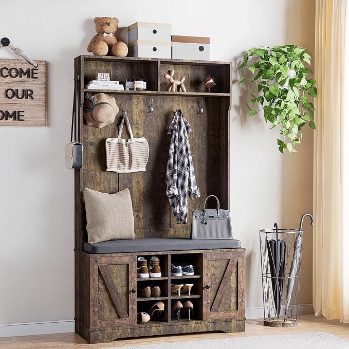 71" Hall Tree with Bench and Shoe Storage, Entryway Hall Tree with 2 Doors and 6 Adjustable Shelves, Cushioned Storage Bench with Coat Rack for Hallway, Living Room, Mudroom