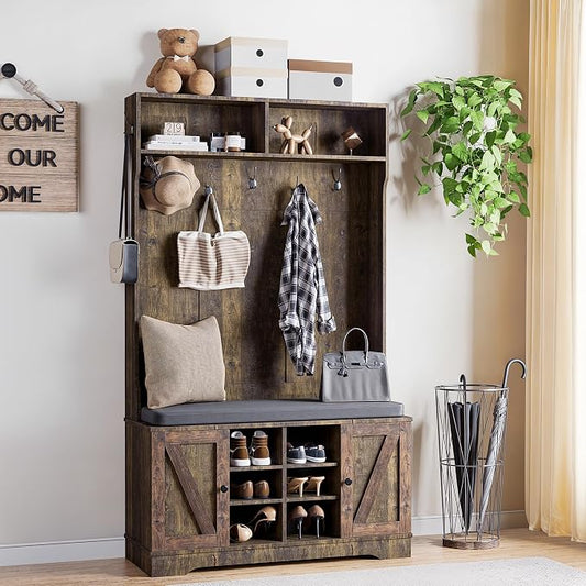 71" Hall Tree with Bench and Shoe Storage, Entryway Hall Tree with 2 Doors and 6 Adjustable Shelves, Cushioned Storage Bench with Coat Rack for Hallway, Living Room, Mudroom