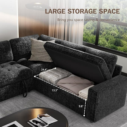 Sunny Heart Modular Sectional Sleeper Sofa with Pull Out Bed, Chenille L Shaped Sectional Sofa with USB Ports/Adjustable Backrest/Storage Seats, Tool-Free Assembly, Couches for Living Room Black