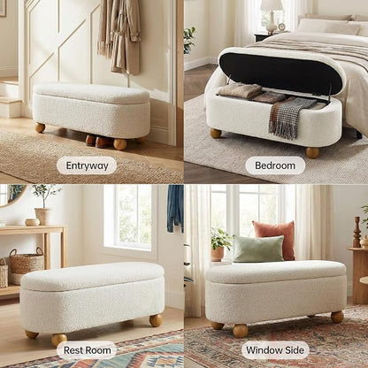 VKNOW 44.8" Storage Ottoman Bench End of Bed Bench, Thickened Upholstered Blanket Chest for Living Room, Entryway Bench with Hinge and Cute Spherical Solid Wood Stool Legs for Bedroom, Beige