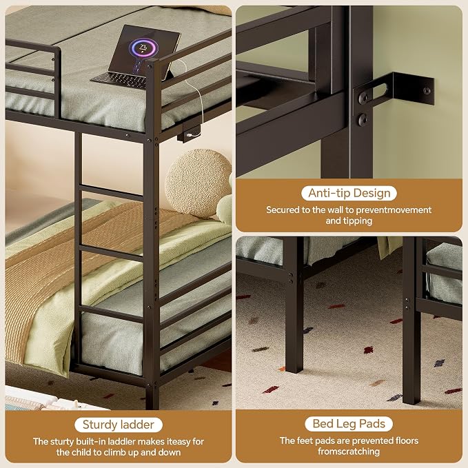 Twin Over Twin Metal Bunk Bed with 2 Rolling Under-Bed Storage Drawers | Charging Station, Stable Square Tube Frame, Converts to Separate 2 Twin Beds, Full Safety Guardrails & Ladder for Bedroom