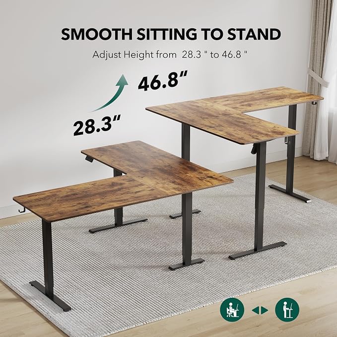 Cubiker L Shaped Standing Desk, 63" Electric Height Adjustable Corner Standing Desk L Shape, Sit Stand Home Office Desk with Splice Board, Rustic Brown Top