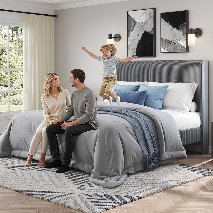 AMERLIFE King Bed Frame, Upholstered Platform Bed with Corduroy Headboard, Easy Assembly Modern Grey Bed Frame with Wooden Slats Support, No Box Spring Needed