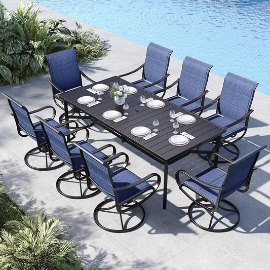 MFSTUDIO Patio Dining Set for 8, Outdoor Table and Chairs Set with Umbrella Hole, 9 Piece Patio Furniture Dining Set for Deck Yard Poolside | Rectangular metal table & textilene chairs, Umbrella hole, for deck garden backyard, All weather reistant