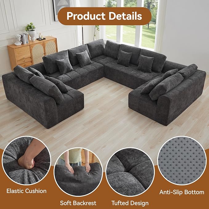 140'' Boneless Modular Couches for Living Room, Compressed Cloud Sectional Modern Sofa, U Shaped 9 Seater Upholstered Memory Foam Oversized Sofa, No Assembly, Chenille Grey