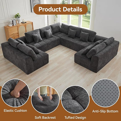 140'' Boneless Modular Couches for Living Room, Compressed Cloud Sectional Modern Sofa, U Shaped 9 Seater Upholstered Memory Foam Oversized Sofa, No Assembly, Chenille Grey