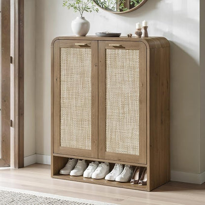 Evermagin 41" Tall Rattan Shoe Storage Cabinet, 24 Pairs Shoe Cabinet for Entryway, 5-Tier Boho Shoe Organizer with Doors for Hallway Living Room Closet, Caramel Oak
