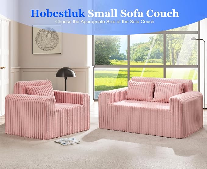Hobestluk Couch Sofa 2-Seater Foam Sofa Loveseat for Small Spaces Comfy Sofas with Removable Cover Furry Couch with Pillows for Living Room, Bedroom, Apartment, Office (Pink, Loveseat)