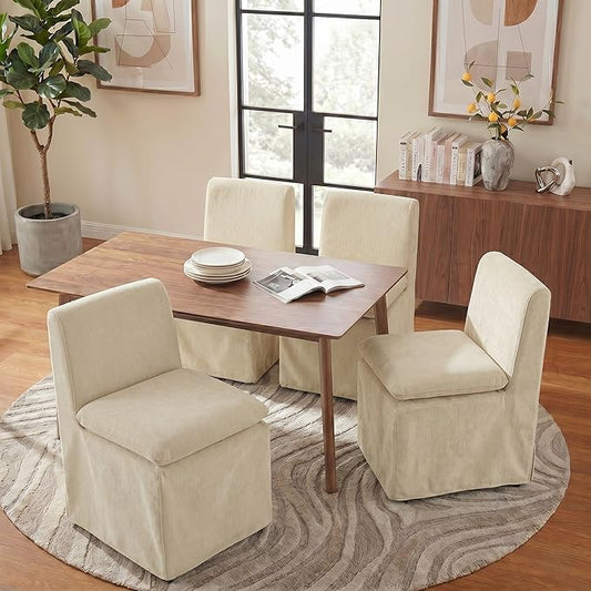 KISLOT Upholstered Dining Chairs Set of 4 with Casters, Modern Armless Kitchen Chairs with Removable Washable Cover, Chenille Velvet Fabric, Sturdy Metal & Wood Frame, 19.5" Seat Height, Sand