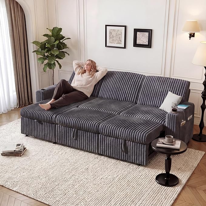 Vipbear 101" Sectional Sleeper Sofa with Pull Out Bed,5-Level Adjustable Backrest,3 Seat Modular Couch with Storage,Tool Free Assembly,USB & Cup Holders, Corduroy Sofa for Living Room, Dark Gray