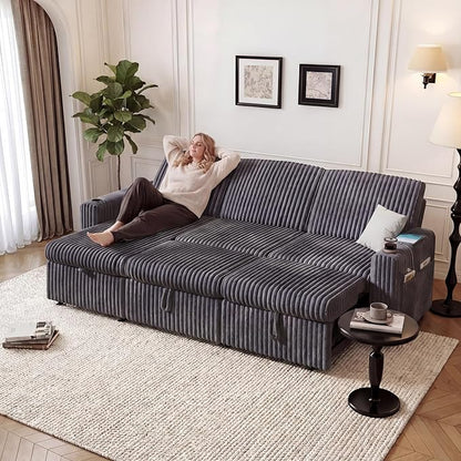 Vipbear 101" Sectional Sleeper Sofa with Pull Out Bed,5-Level Adjustable Backrest,3 Seat Modular Couch with Storage,Tool Free Assembly,USB & Cup Holders, Corduroy Sofa for Living Room, Dark Gray