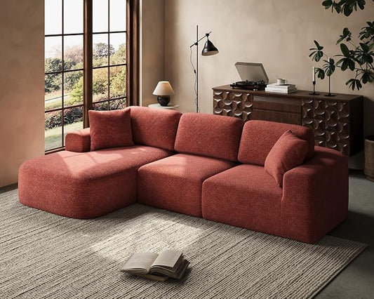 Dowinx 107" Boneless Cloud Couch, Modular Sectional Sofa with Deep Seat & Chaise, No Assembly Sofa-in-Box, Convertible L-Shape for Living Room Apartment, Brownish Red